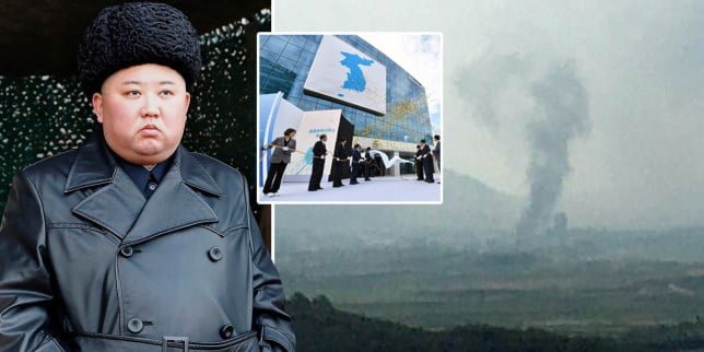 Composite image of North Korean leader Kim Jong un and smoke rising from the inter liaison building that was blown up 