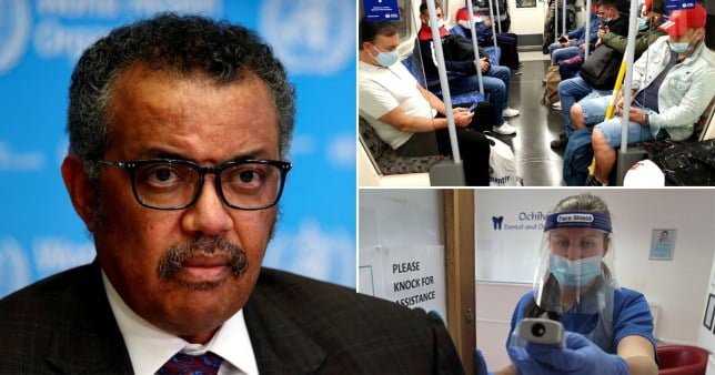 World Health Organisation (WHO) chief Tedros Adhanom (left) commuters wearing face masks on the London Underground and medical worker wearing full PPE