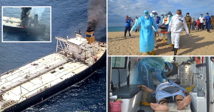 Oil tanker on fire in Indian Ocean injured crew membes taken ashore in Sri Lanka