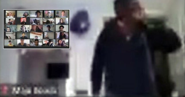 Composition of screengrab of an intruder and an inset of a screengrab of the rest of the Zoom call