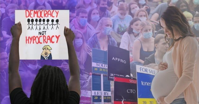 A protester holds a placard in a compilation image with a pregnant women, young people and for sale signs.