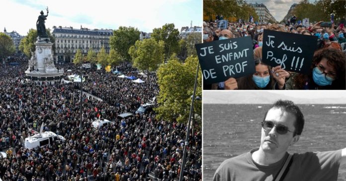 Composition of photographs of teacher who was beheaded in terrorist attack and protests in France paying tribute to him