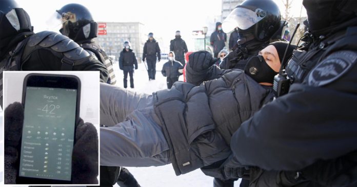 Police arresting a protester in Russia and an iPhone showing -42C temperatures. Russians braved -42C temperatures to protest for the release of Putin critic Alexei Navalny. 