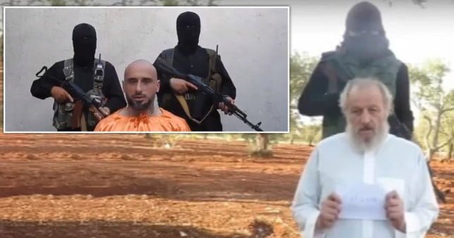 Alessandro Sandrini kneeling with two armed men behind him and Sergio Zanotti kneeling with one armed man behind him. Two Italian men who allegedly plotted to fake their own kidnappings were sold to jihadists for real. 
