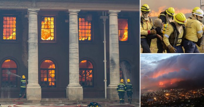 Library destroyed despite efforts of exhausted firefighters to stop Cape Town wildfires