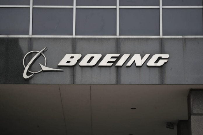 The Boeing logo at its headquarters in downtown Chicago.