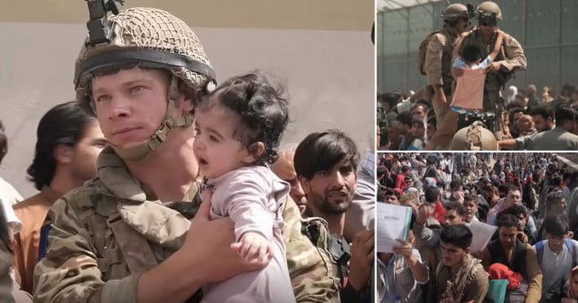British paratrooper holding a baby; Soldiers lifting children from crowd; Crowds of people at Kabul airport