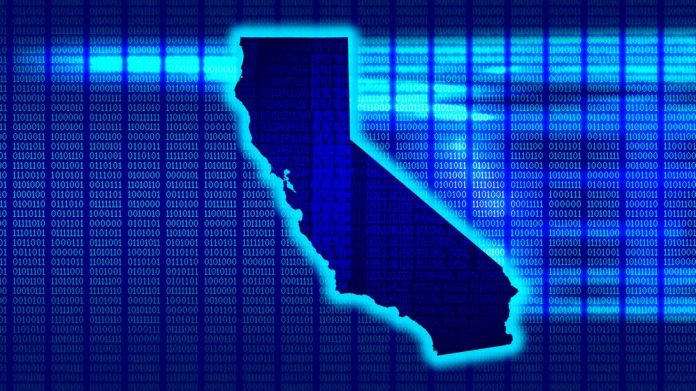 An outline of the state of California is superimposed over a vast array of zeroes and ones.