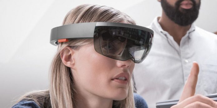 A HoloLens headset being used with an architecture application.