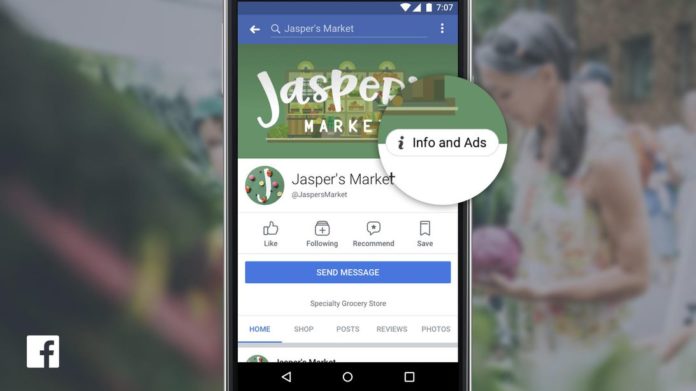 View of Facebook on a smartphone showing a page for Jasper's Market, highlighting "info and ads."