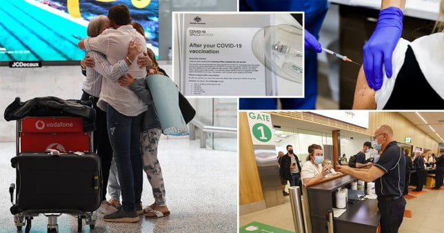 Scenes in Australian airports showing people getting checked for vaccine status and reuniting with loved ones.