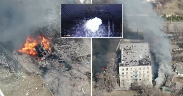 Drone footage shows the Ukrainian Army firing rockets on Russian forces (Pictures: Twitter/ Facebook/ Commander-In-Chief of the Armed Forces of Ukraine) 