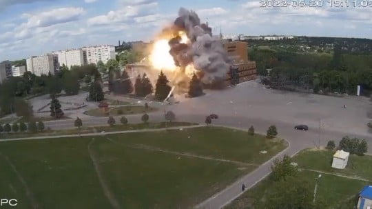 Image from a surveillance camera shows the moment a Russian missile hitting the Palace of Culture in Lozova, Kharkiv Region, on May 20, 2022. At least 7 local residents were injured, including an 11-year-old child, according to Ukraine Defense Ministry. Lozova, which is located in the Kharkiv Oblast region of eastern Ukraine, is the latest city to have been attacked by Russian forces, who are looking to regain a foothold in their battle for Kharkiv., Credit:EPN/Newscom / Avalon