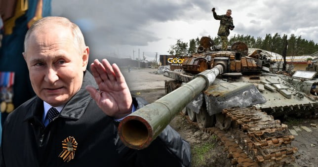 Russian President Vladimir Putin next to a tank in Ukraine.