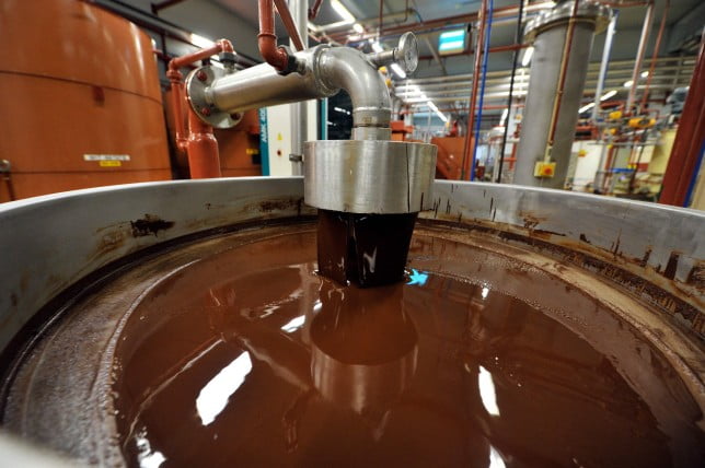 Melted chocolate before being moulded at the factory in Wieze, eastern Flander
