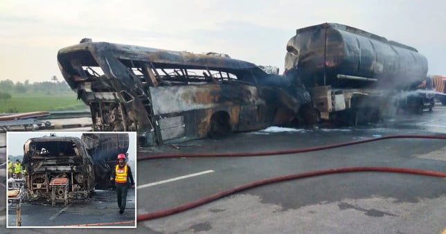20 bus passengers burnt to death as coach collides with oil tanker 'while racing'