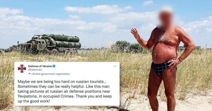Russian tourist in speedo posing for photos in front of a weapons, tweet from Defense of Ukraine. 

