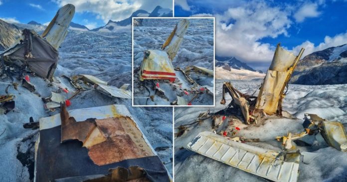 Switzerland’s melting glaciers revealed the remains of a plane (Picture: Konkordiahutte/Instagram)