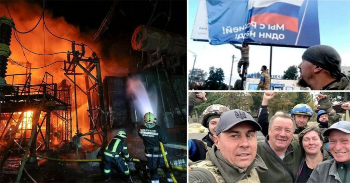Left: A fire at an infrastructure object in Kharkiv today 
Right: Celebrations as Ukrainian soldiers advanced