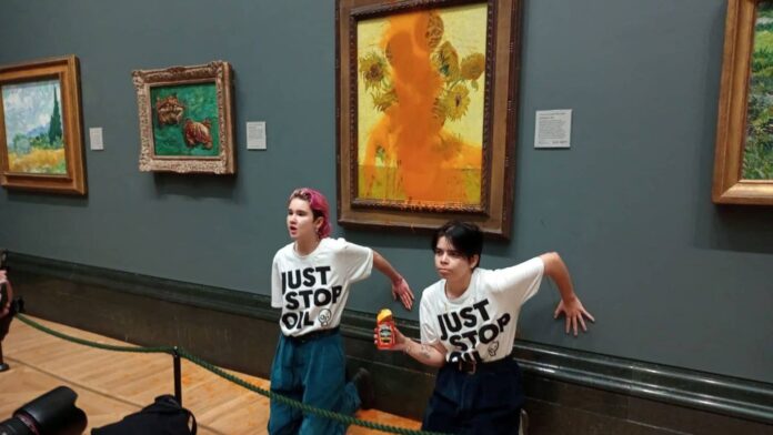 Oil protesters arrested after throwing tomato soup at Van Gogh painting