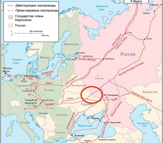 The Urengoy???Pomary???Uzhhorod pipeline (the Bratstvo pipeline, Brotherhood pipeline, West-Siberian Pipeline, or Trans-Siberian Pipeline), one of Russia's main natural gas export pipelines, partially owned and operated by Ukraine, marked on the map