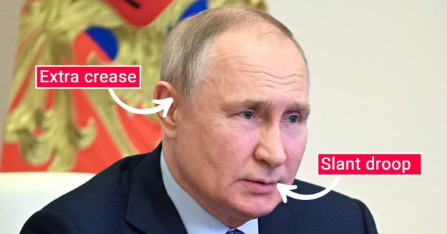 An image of Vladimir Putin with arrows pointing to his ears and mouth. 