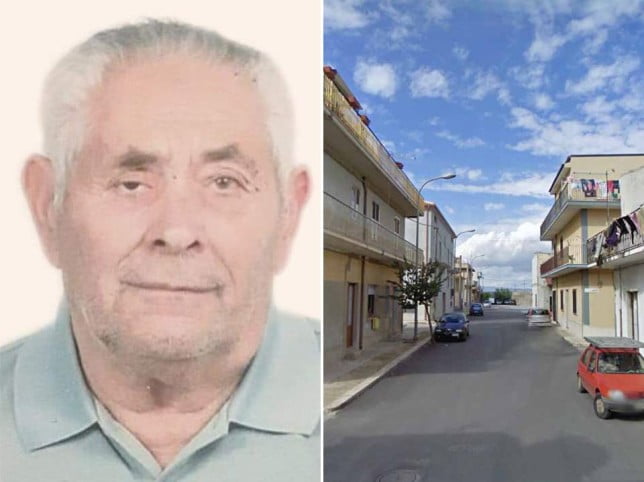 Left, Antonio Campo, who was strangled to death by his scarf. Right, the street in which he lived in Acate in Sicily, Italy  