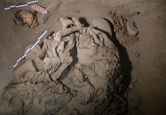 Skeletal remains and parts of the funerary bundle of a mummy found by Peruvian archaeologists are seen in the ruins of Cajarmarquilla, in the outskirts of Lima, Peru April 24, 2023. REUTERS/Sebastian Castaneda