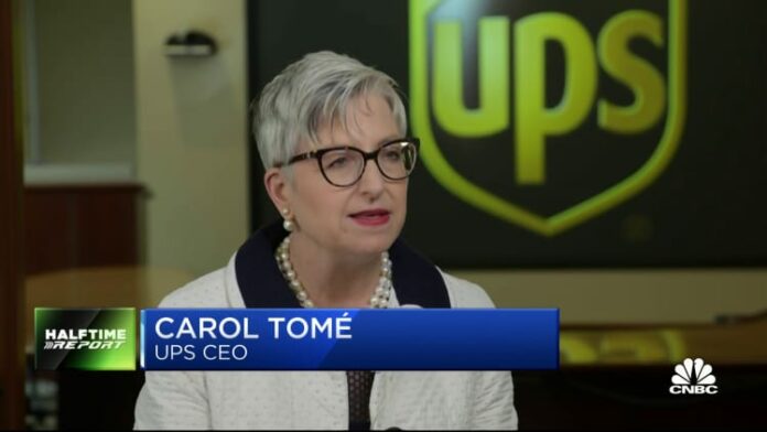 UPS CEO Carol Tome says consumer shopping shift from goods to services is weighing on volumes